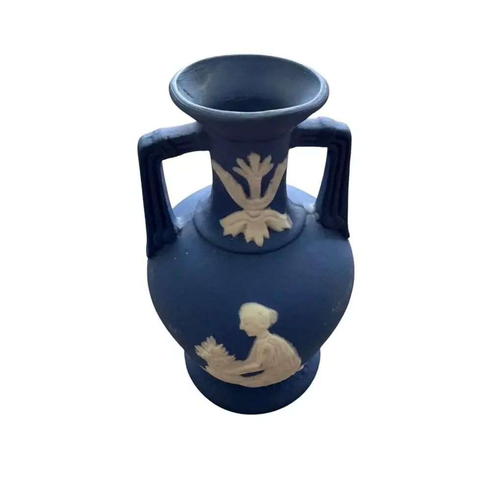 Vintage Wedgewood Blue Jasperware Amphora Bud Vase Woman And Flowers 4” Japan